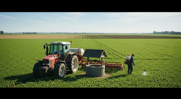 Vue stylisee ferme application soigneuse glyphosate
