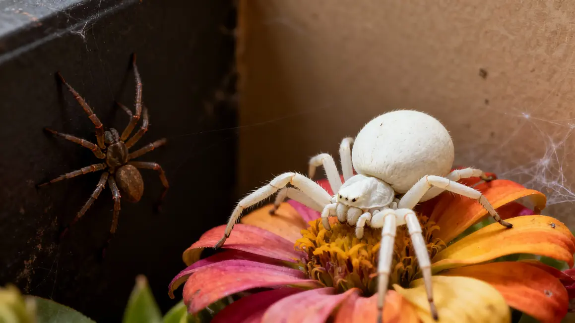 Araignee blanche sur fleur et en interieur