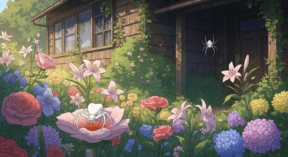 Illustration araignees blanches au jardin et maison