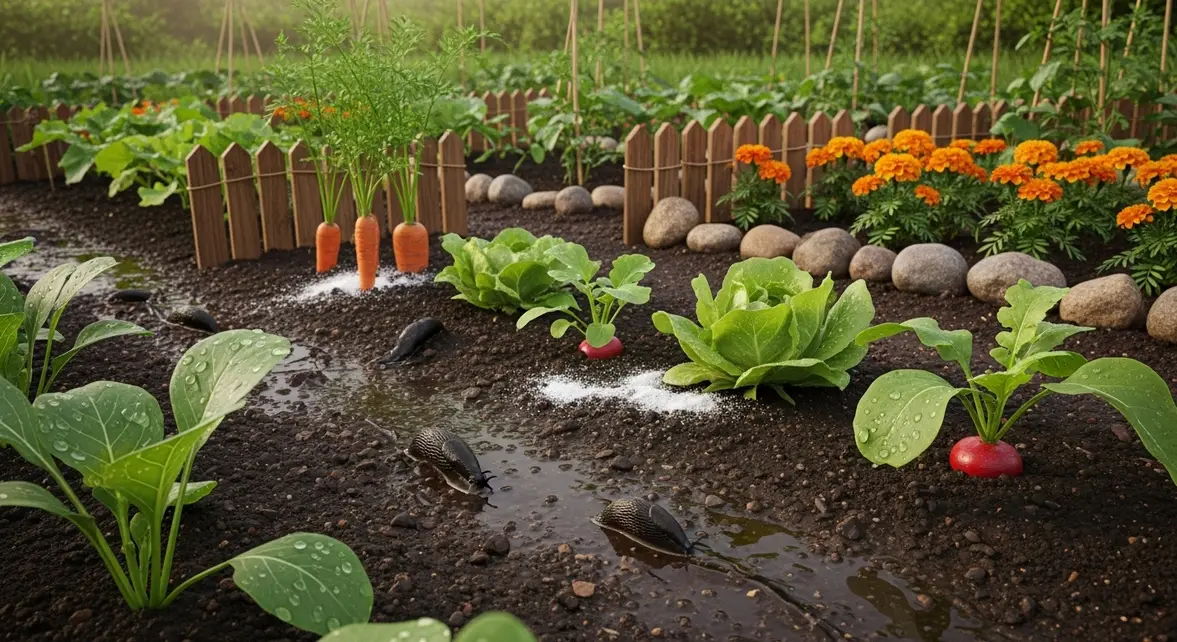 limaces apres pluie sur potager et barrières au bicarbonate