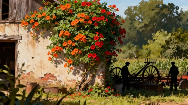 Bignone grimpante mur ferme fleurs abondantes outils
