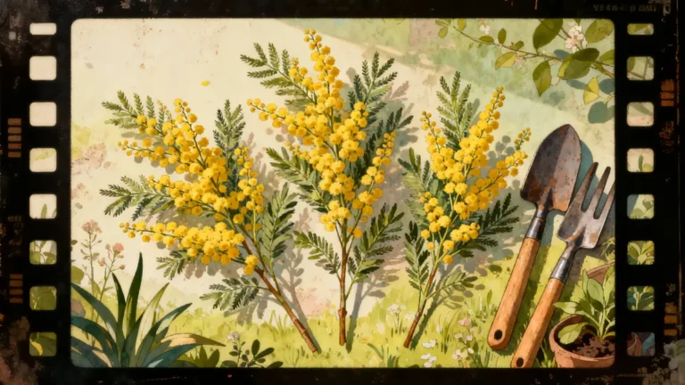 Bouturage mimosa : rameaux et outils sur fond champêtre