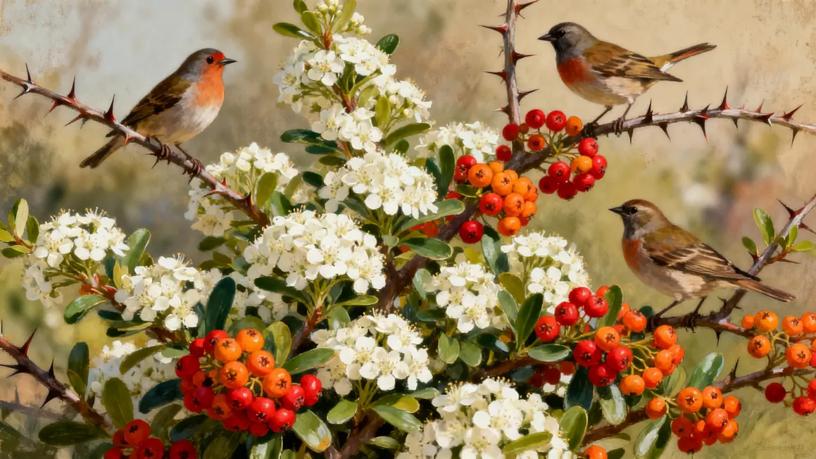 Buisson de pyracantha floraison baies rouges oranges