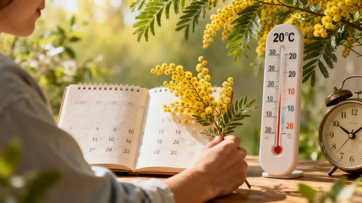 Calendrier et rameau mimosa au printemps pour bouturage