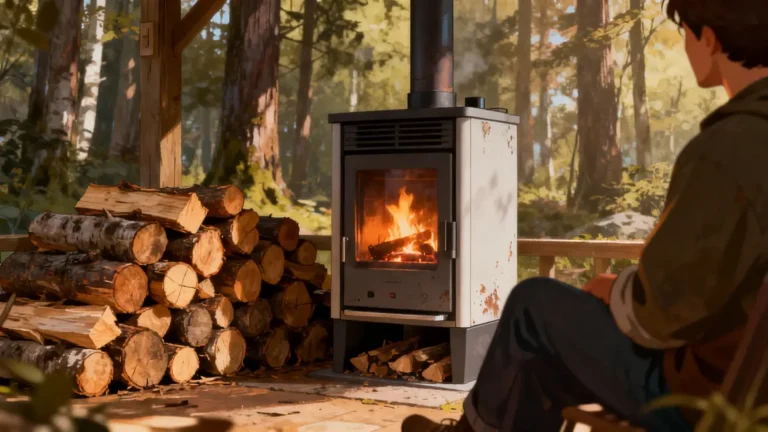 Chauffage au bois 2025 pile de bûches poêle et forêt