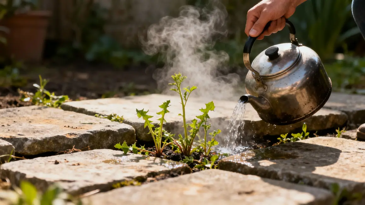 Eau bouillante sur mauvaise herbe entre dalles
