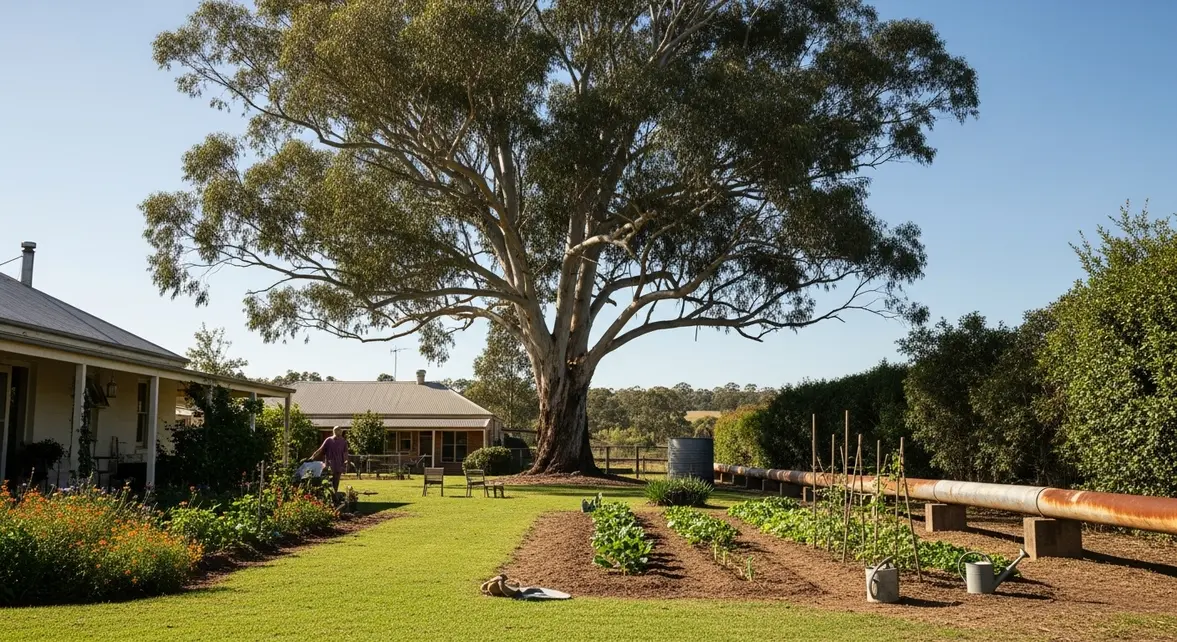 Eucalyptus gunnii dominant pelouse et canalisation, contraste ferme