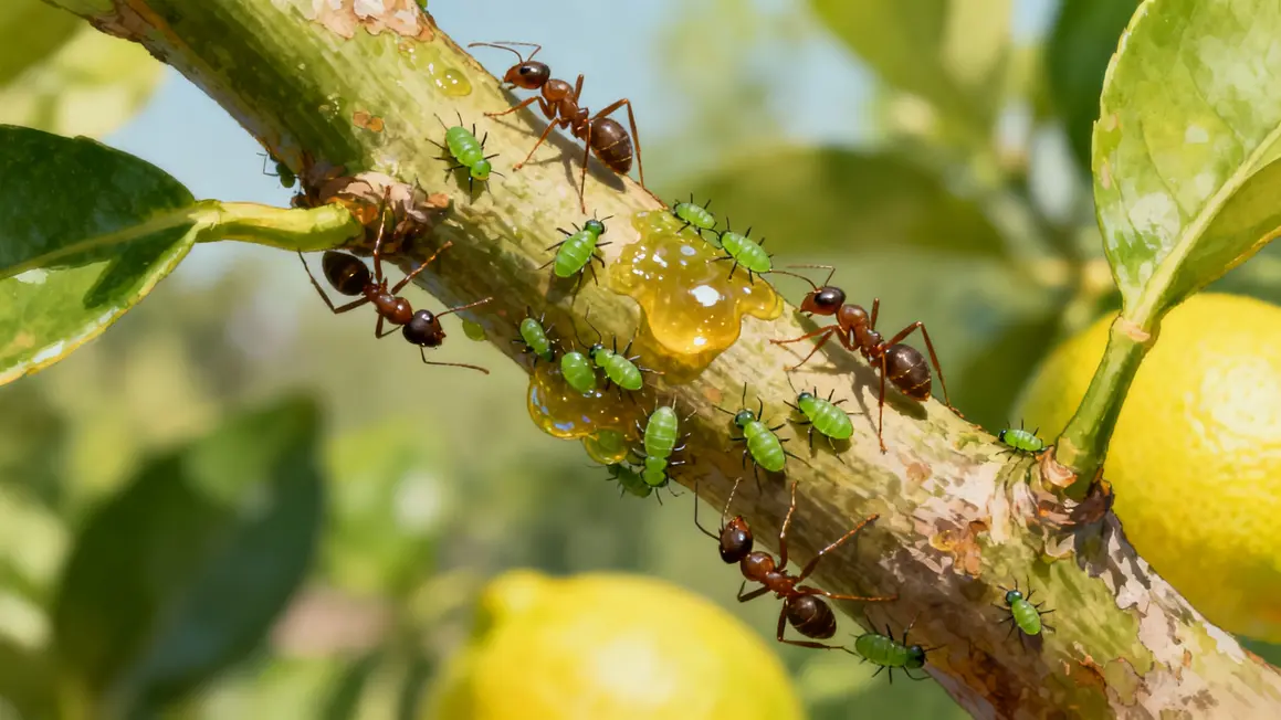 Fourmis et pucerons sur branche de citronnier