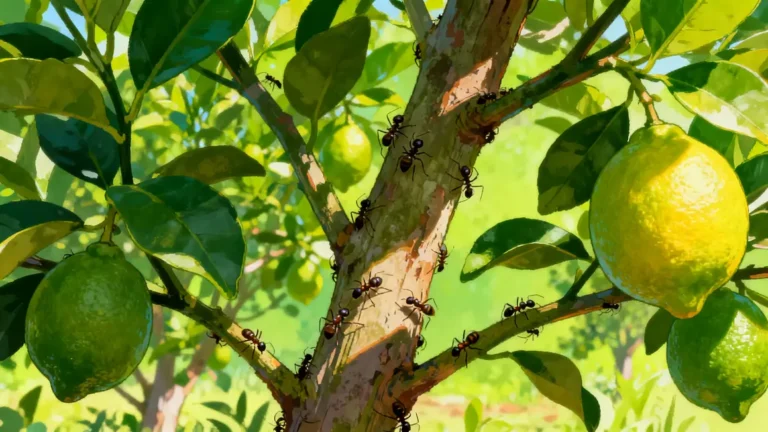 Illustration de fourmis sur un citronnier au verger