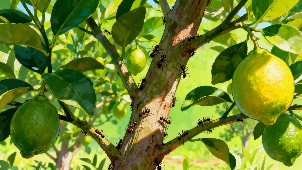 Illustration de fourmis sur un citronnier au verger