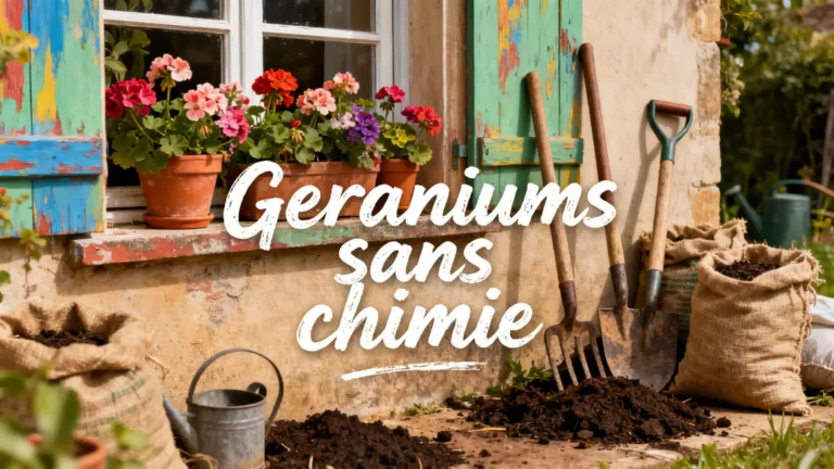 gros plan geraniums sans chimie fenêtre campagne fleurs outils