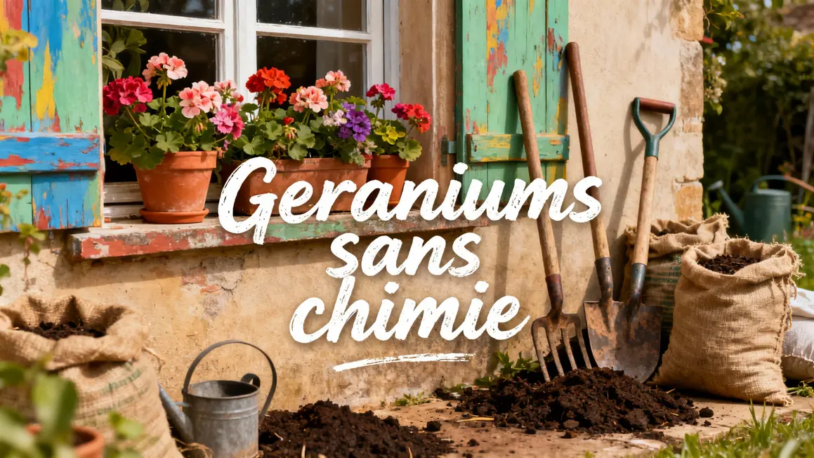 gros plan geraniums sans chimie fenêtre campagne fleurs outils