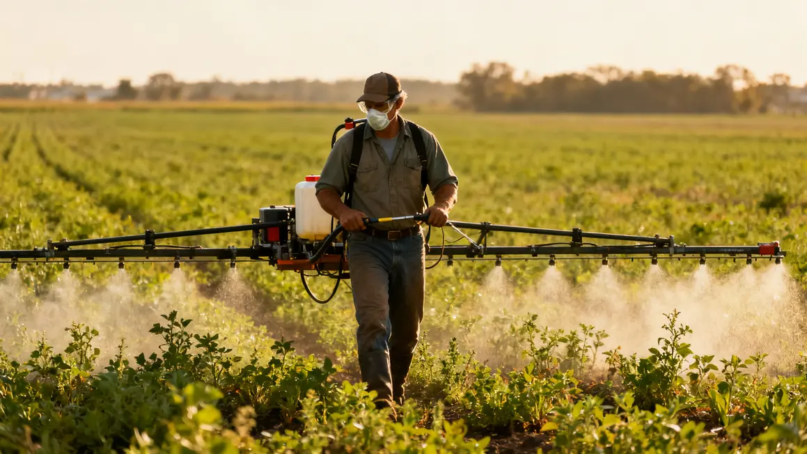 Agriculteur applique glyphosate sur adventices
