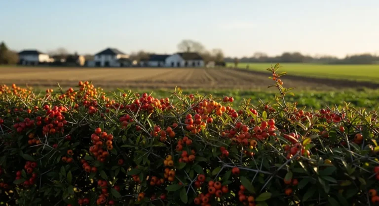 Haie de pyracantha feuillage epineux baies rouges oranges