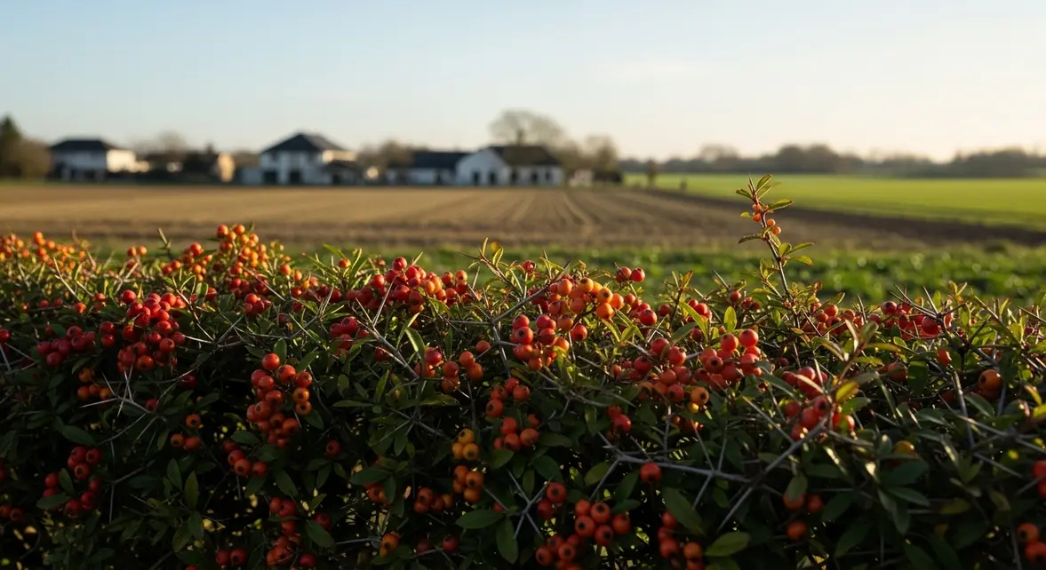 Haie de pyracantha feuillage epineux baies rouges oranges