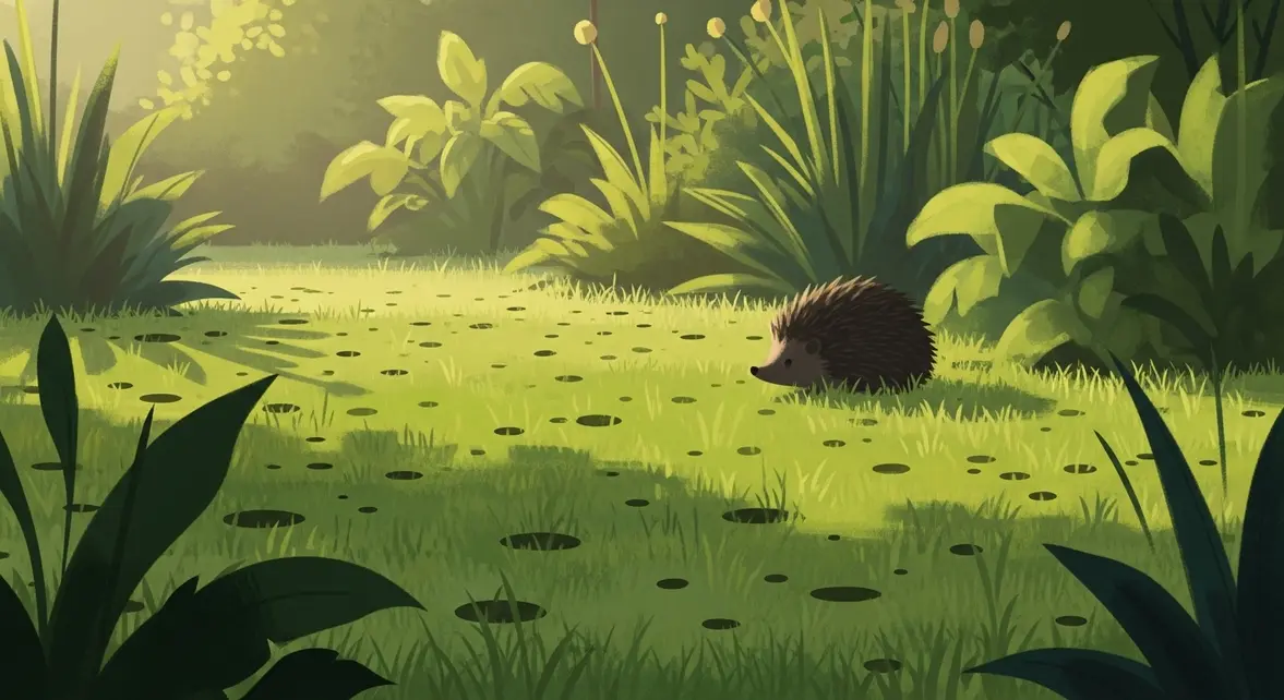 Herisson et petits trous dans pelouse jardin biodiverse