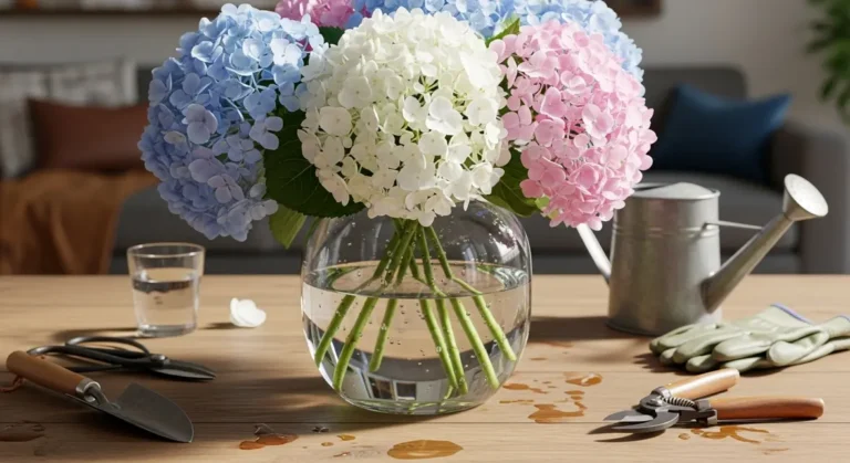bouquet hortensia frais dans vase transparent avec outils jardin
