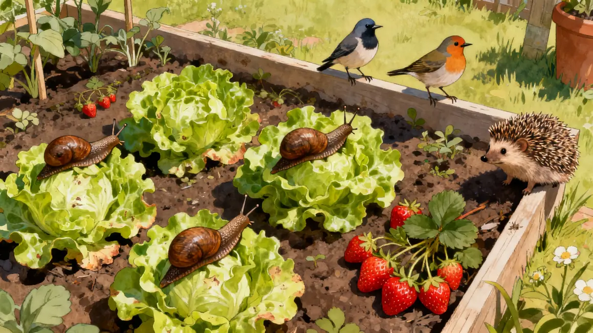 limaces sur laitue avec herisson et oiseaux au potager