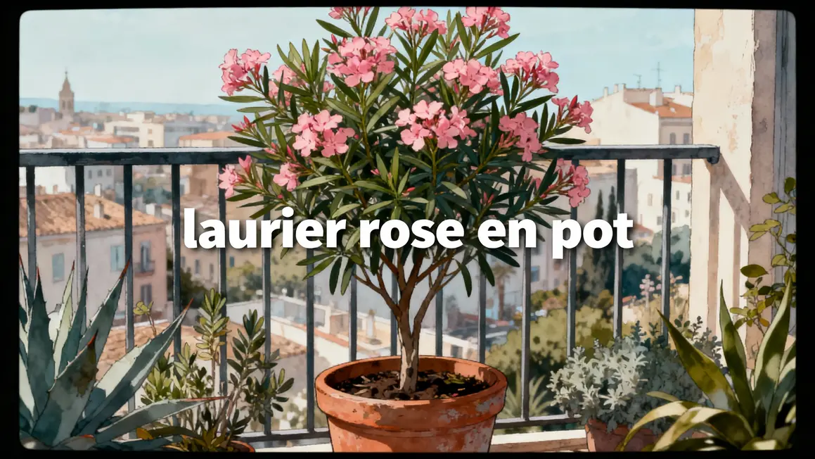 Illustration laurier rose en pot sur balcon urbain