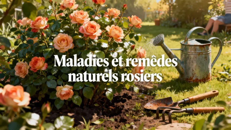 rosiers en fleurs avec outils et texte maladies remèdes naturels