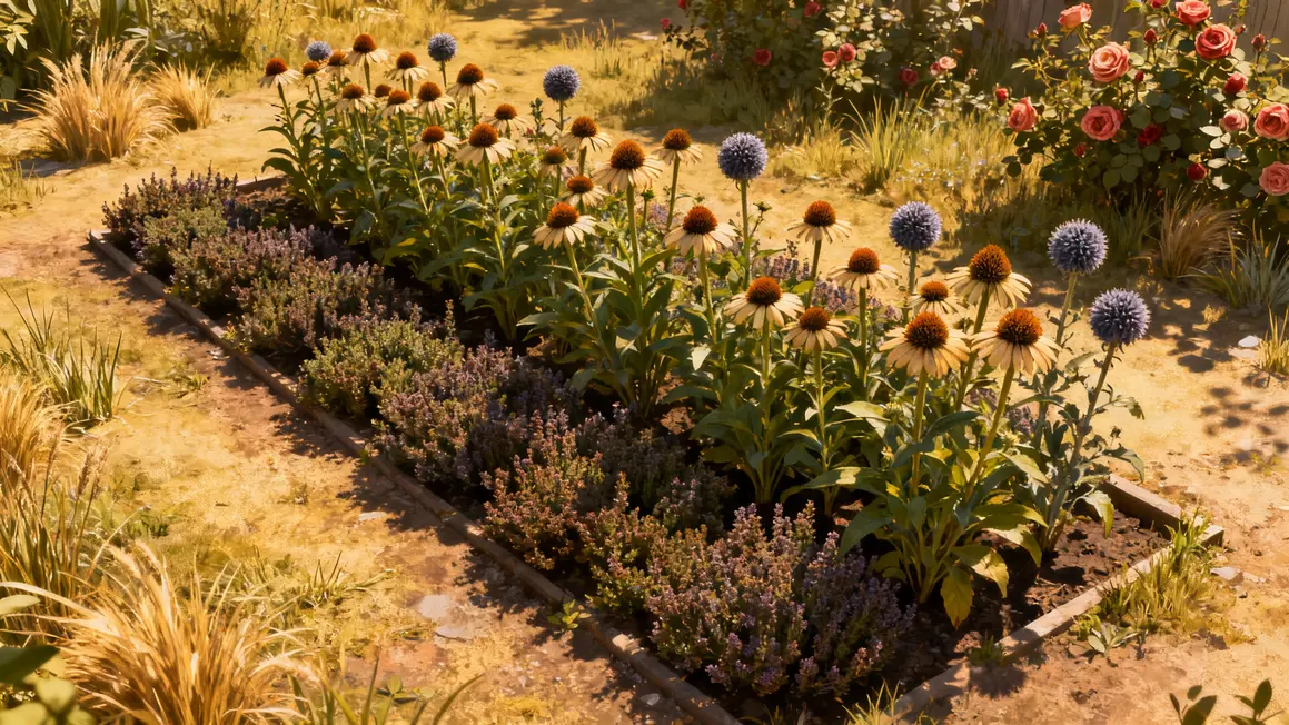 Massif automnal echinacee bruyere echinops eglantier vue organisee