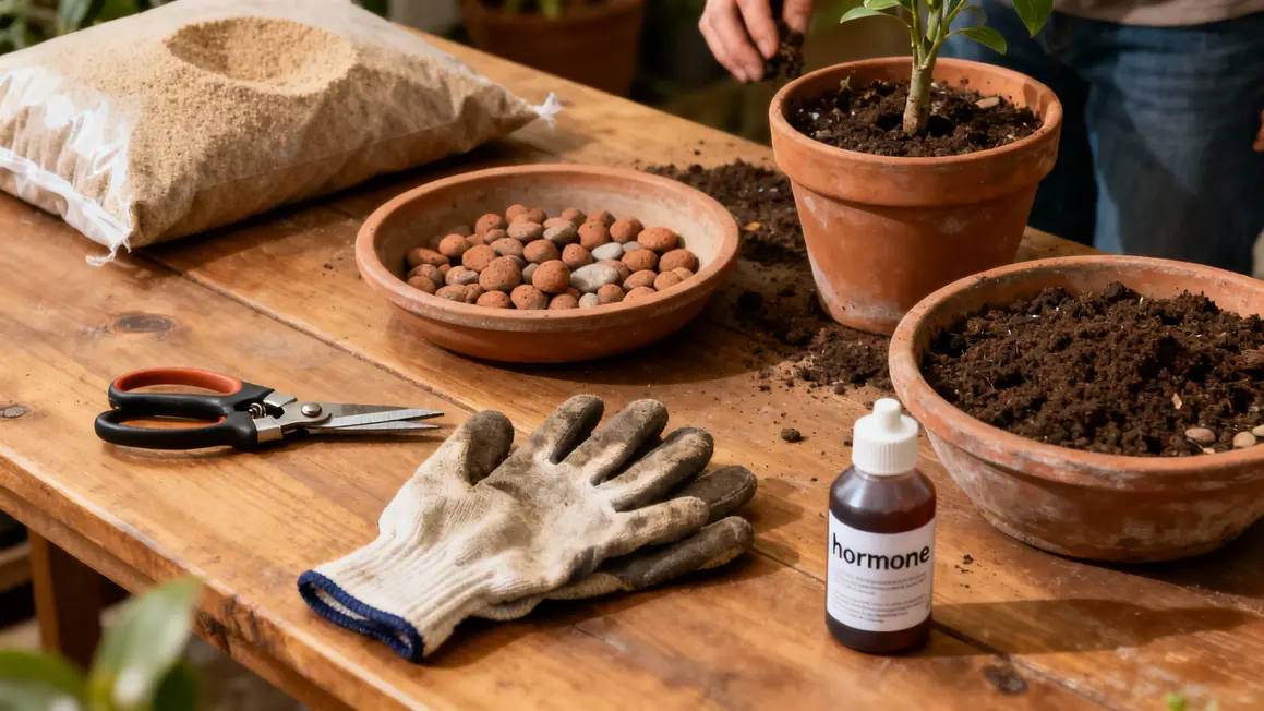 Matériel bouturage mimosa : pots et substrat sur table