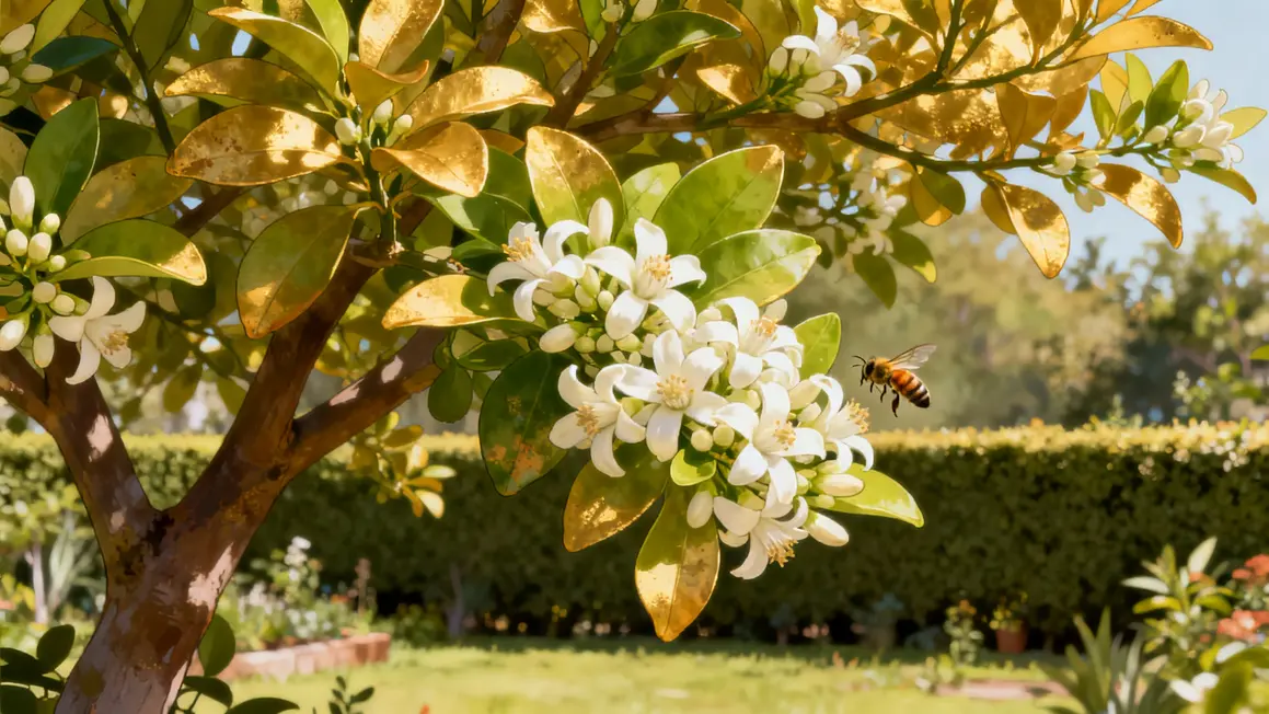 gros plan oranger du Mexique fleurs blanches et abeille