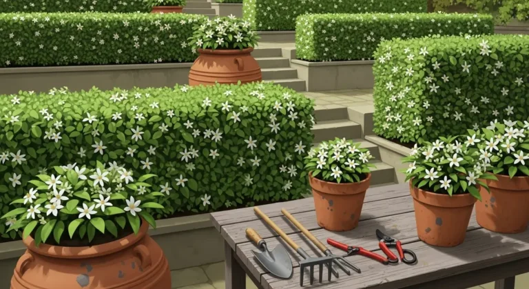 oranger du Mexique en haie et pot dans un jardin écologique