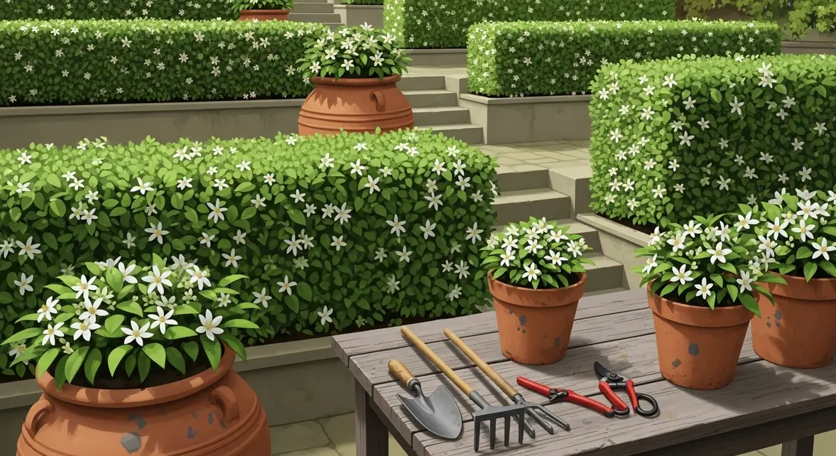oranger du Mexique en haie et pot dans un jardin écologique
