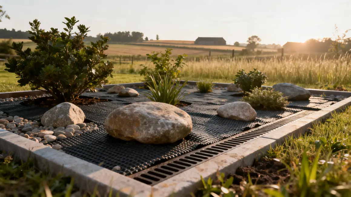 Parterre cailloux sur géotextile, plantes robustes, drainage visible