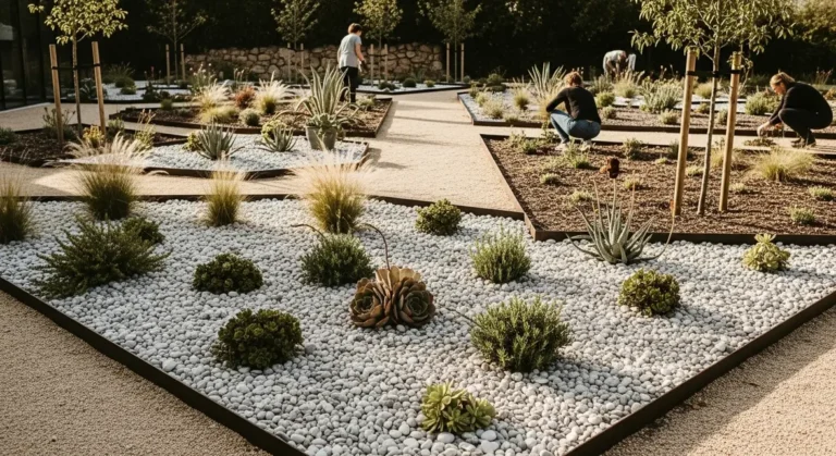Parterre minéral moderne avec cailloux blanc et gris, plantes résistantes