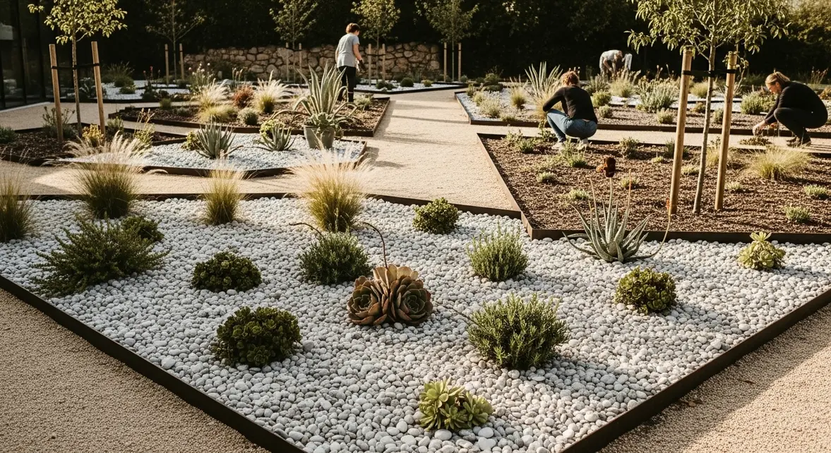 Parterre minéral moderne avec cailloux blanc et gris, plantes résistantes