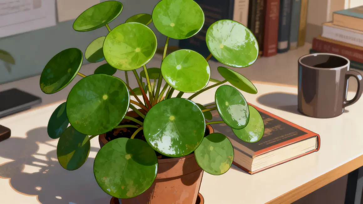 Gros plan Pilea peperomioides sur bureau feuillage vert brillant