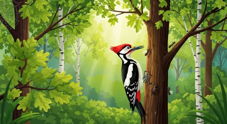 illustration pivert jardin arbres matin