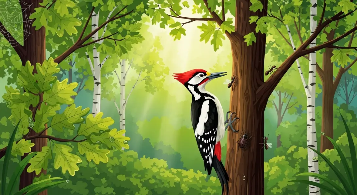 illustration pivert jardin arbres matin