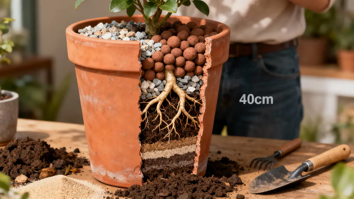 Coupe pot terre cuite substrat laurier rose drainage