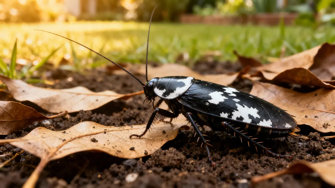 Cafard de jardin noir et blanc avec antennes longues sous feuilles