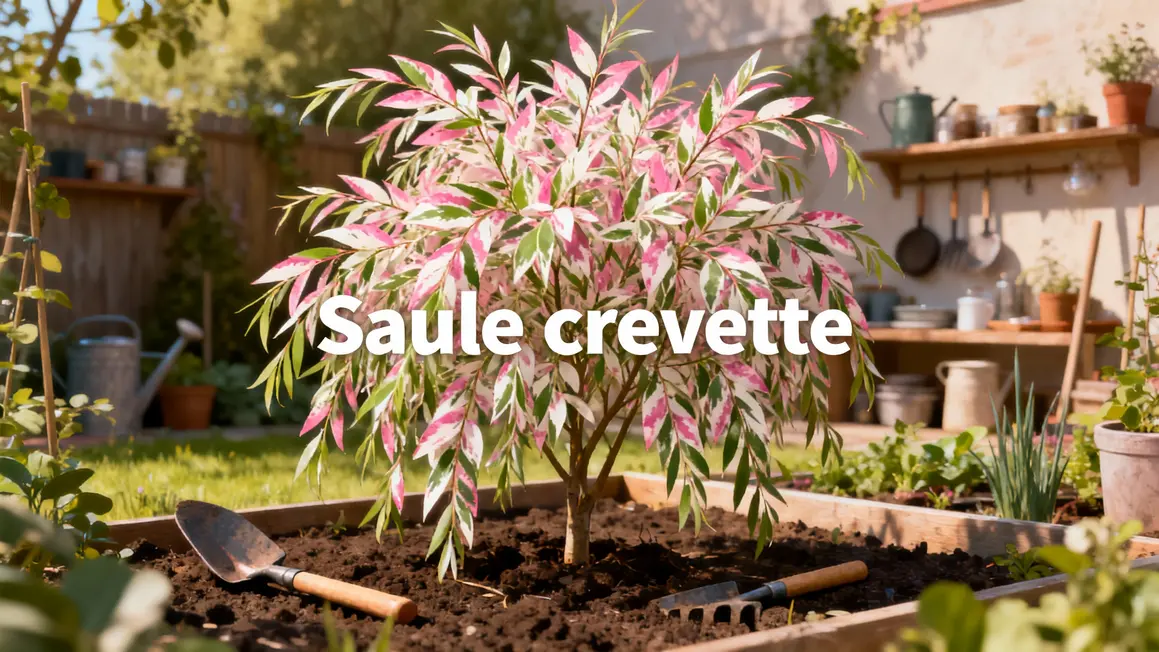 Illustration saule crevette Hakuro Nishiki feuillage panaché outils jardin