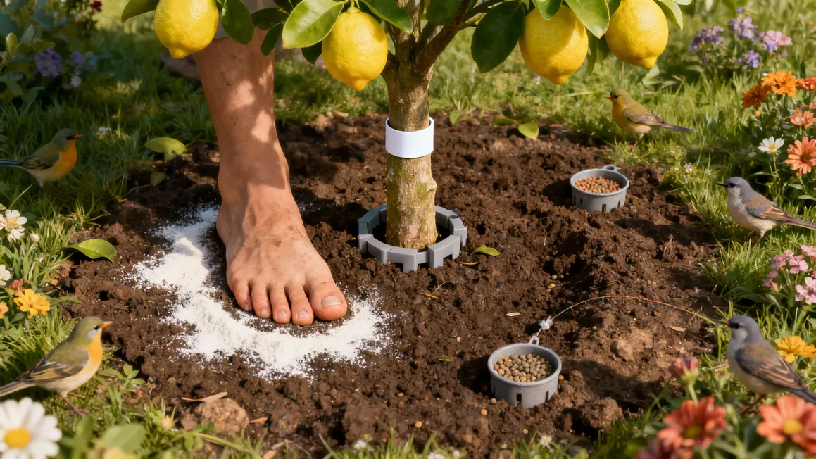 Barrières naturelles contre fourmis au pied d’un citronnier