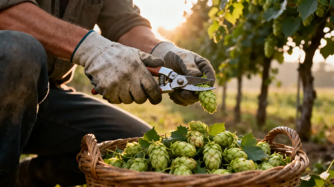 recolte cones houblon sauvage secateur gants