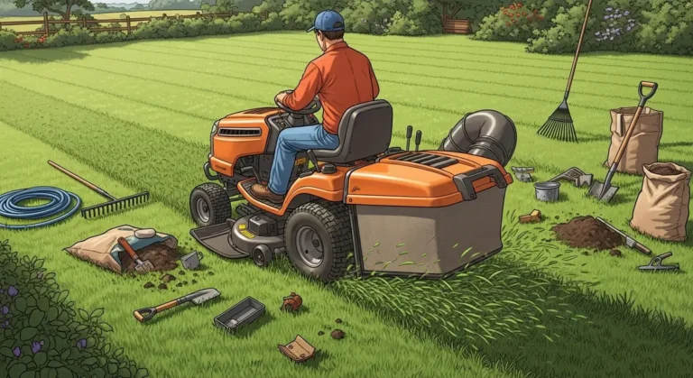 Tracteur tondeuse ramasse herbe bricolé en jardin