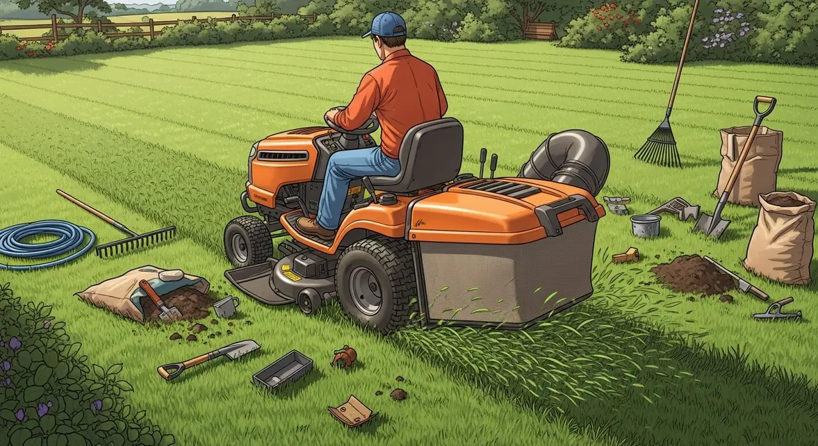 Tracteur tondeuse ramasse herbe bricolé en jardin