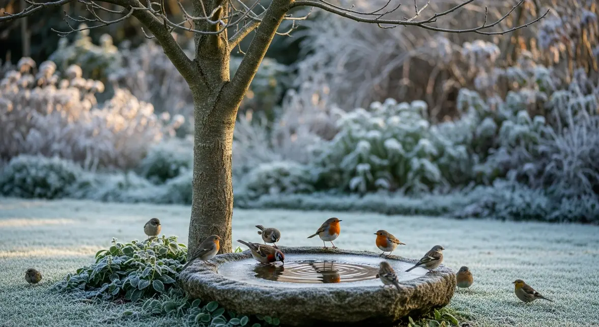 Oiseaux autour abreuvoir eau sous arbre jardin hiver