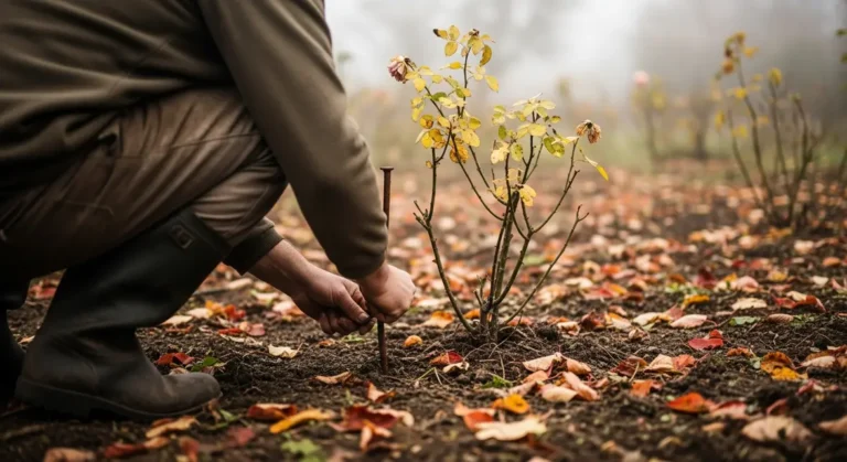 Jardinier avec clou rouillé devant rosier sous brume automnale