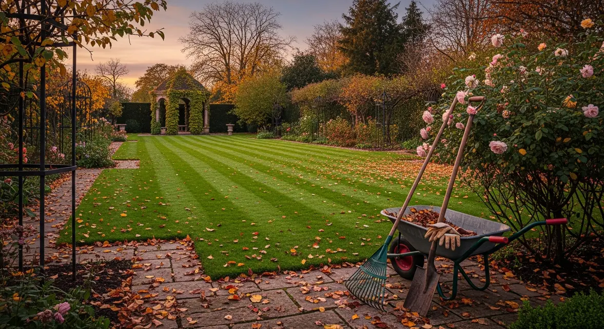 vue jardin automne pelouse tondue outils feuilles
