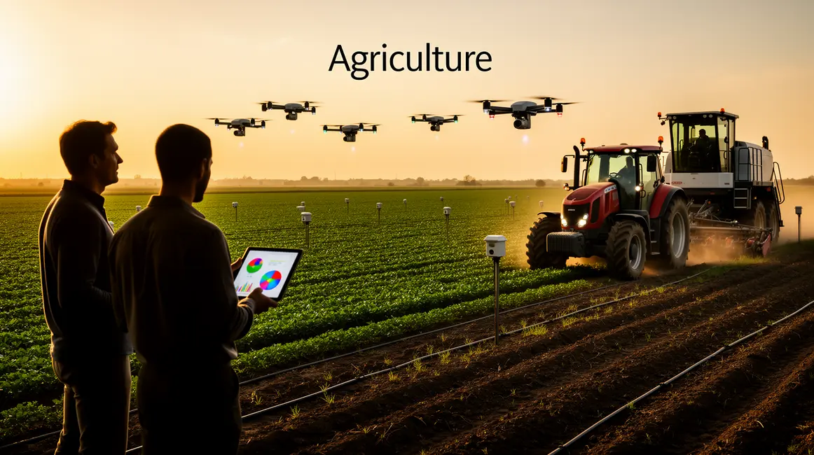 champ agricole moderne 2026 avec drone capteurs machines connectées