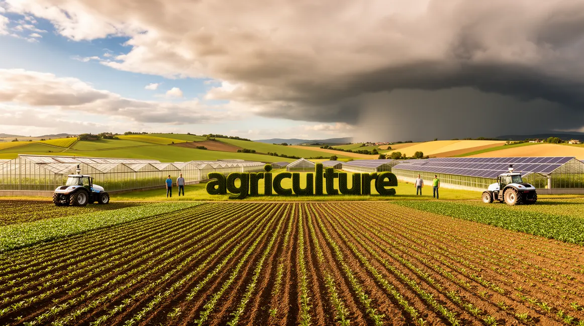 Vue exploitation agricole moderne 2026, champs, serres, panneaux solaires