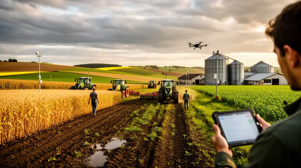 Paysage agricole 2026 avec champs, objets connectés