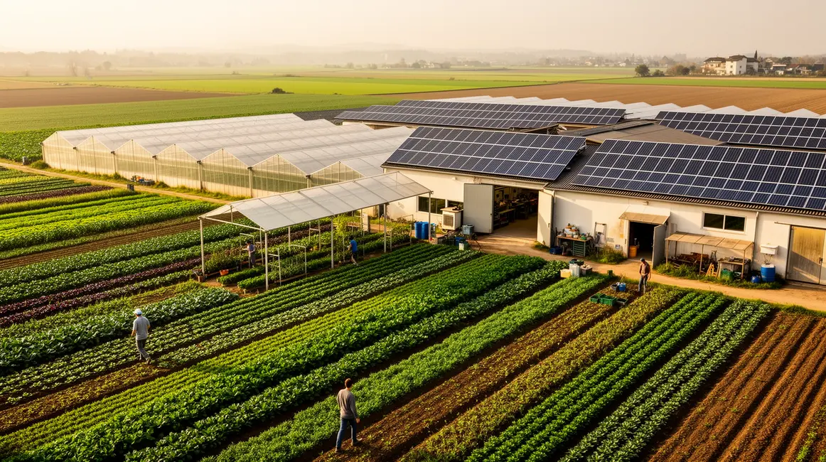exploitation agricole moderne avec serres panneaux solaires