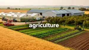 Vue panoramique d'une ferme moderne avec serres et cultures diverses